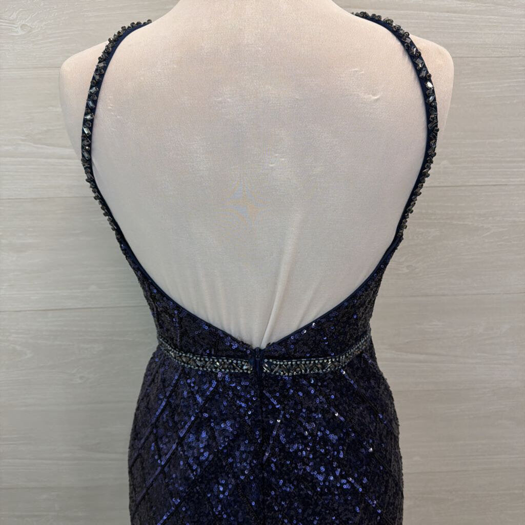 Jovani Navy Sequin High Neck Sheer Hem Long Formal Dress 6