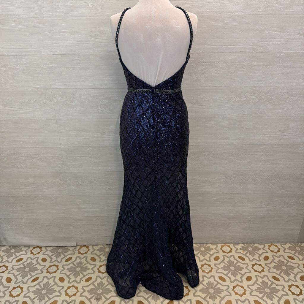 Jovani Navy Sequin High Neck Sheer Hem Long Formal Dress 6
