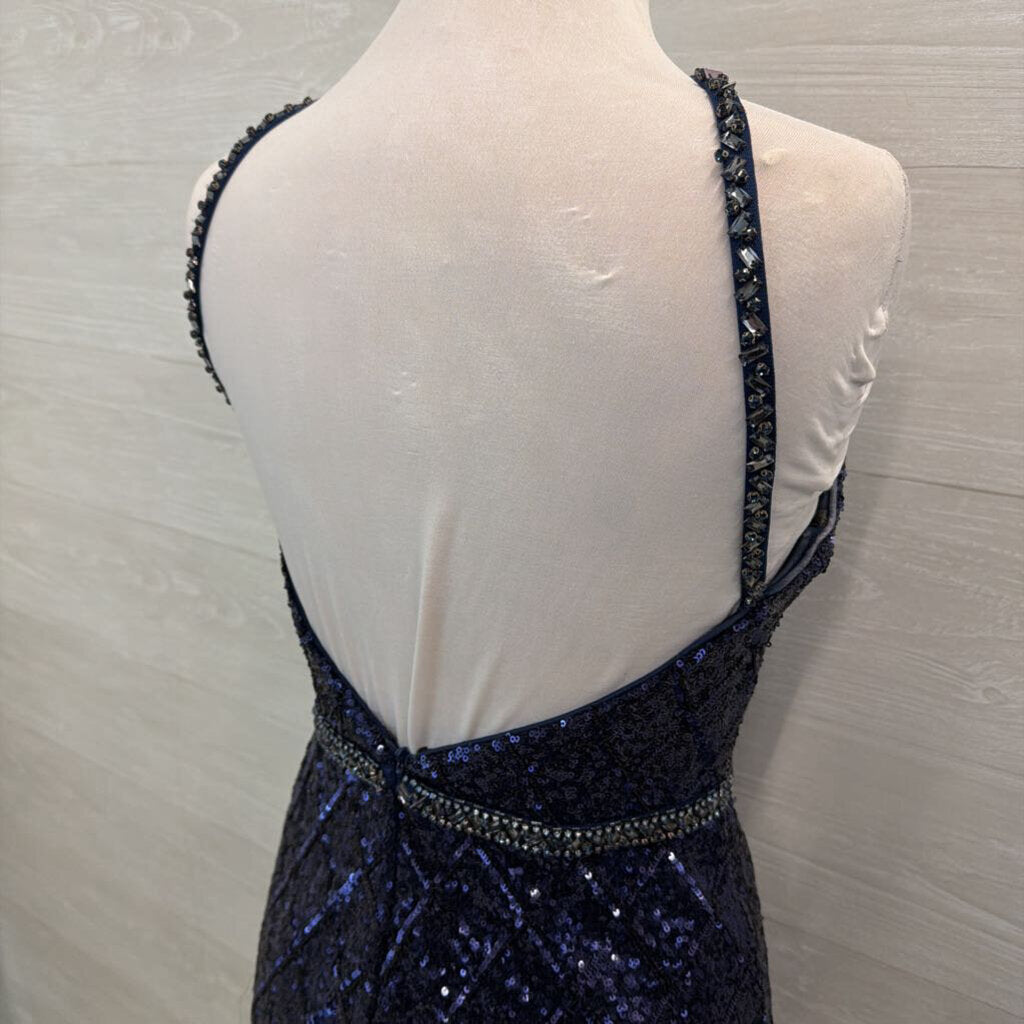 Jovani Navy Sequin High Neck Sheer Hem Long Formal Dress 6