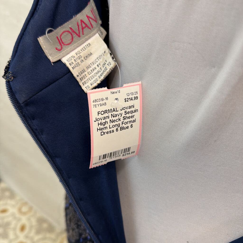 Jovani Navy Sequin High Neck Sheer Hem Long Formal Dress 6