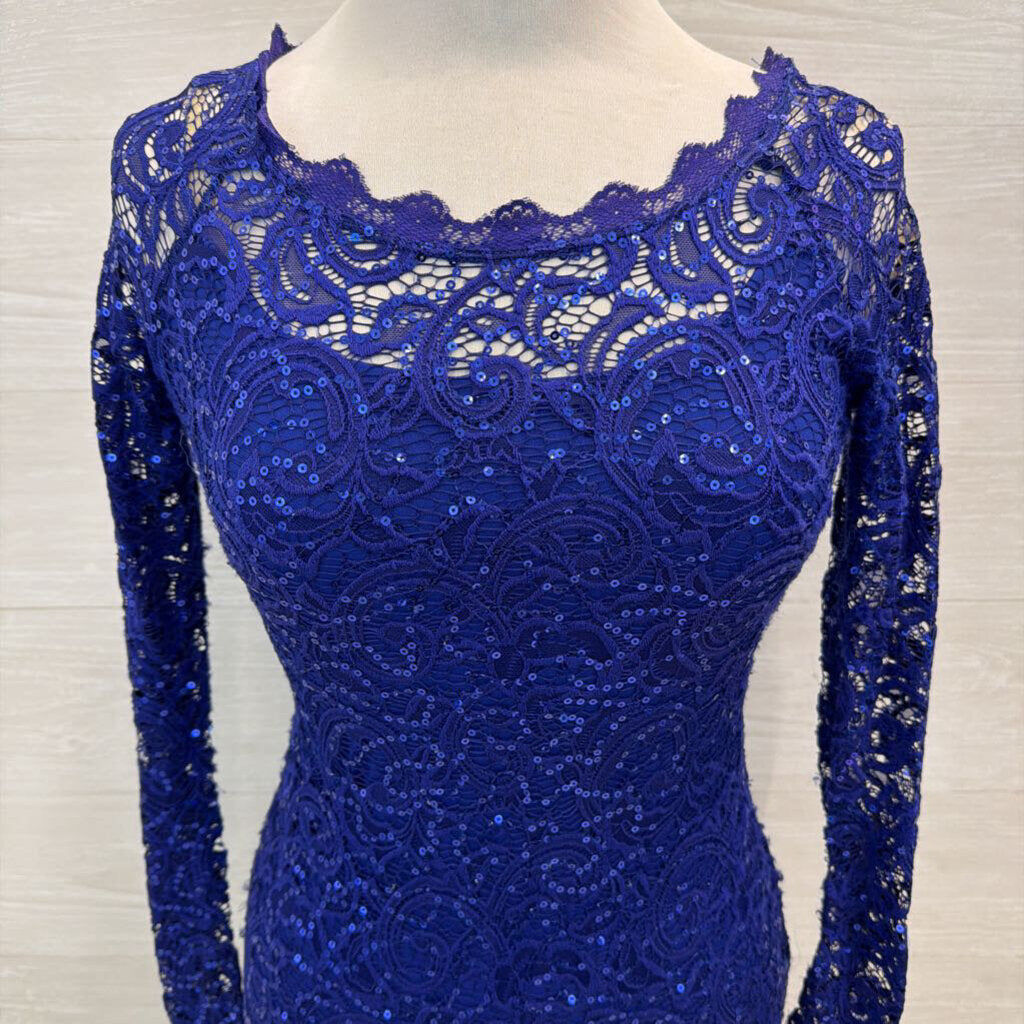 Sequin Hearts Blue Sequin Lace Long Sleeve Short Formal Dress Small