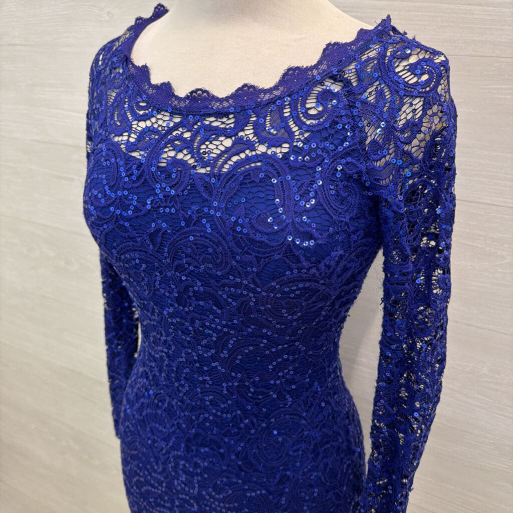 Sequin Hearts Blue Sequin Lace Long Sleeve Short Formal Dress Small