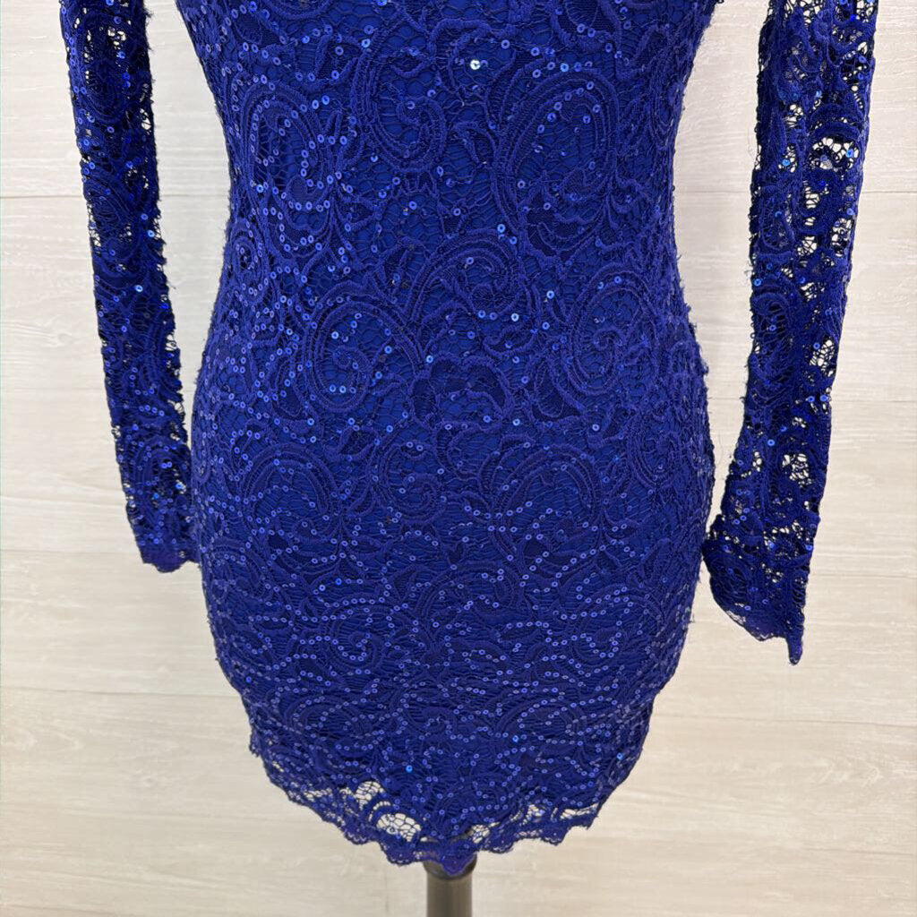 Sequin Hearts Blue Sequin Lace Long Sleeve Short Formal Dress Small