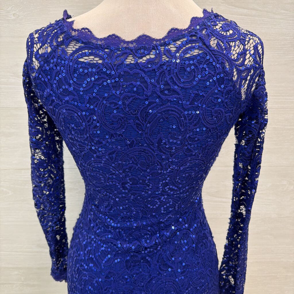 Sequin Hearts Blue Sequin Lace Long Sleeve Short Formal Dress Small