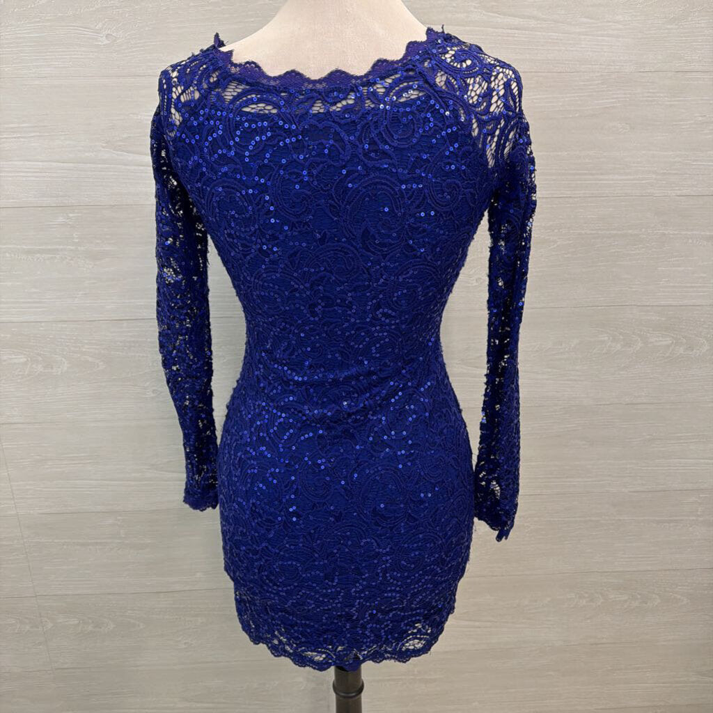 Sequin Hearts Blue Sequin Lace Long Sleeve Short Formal Dress Small