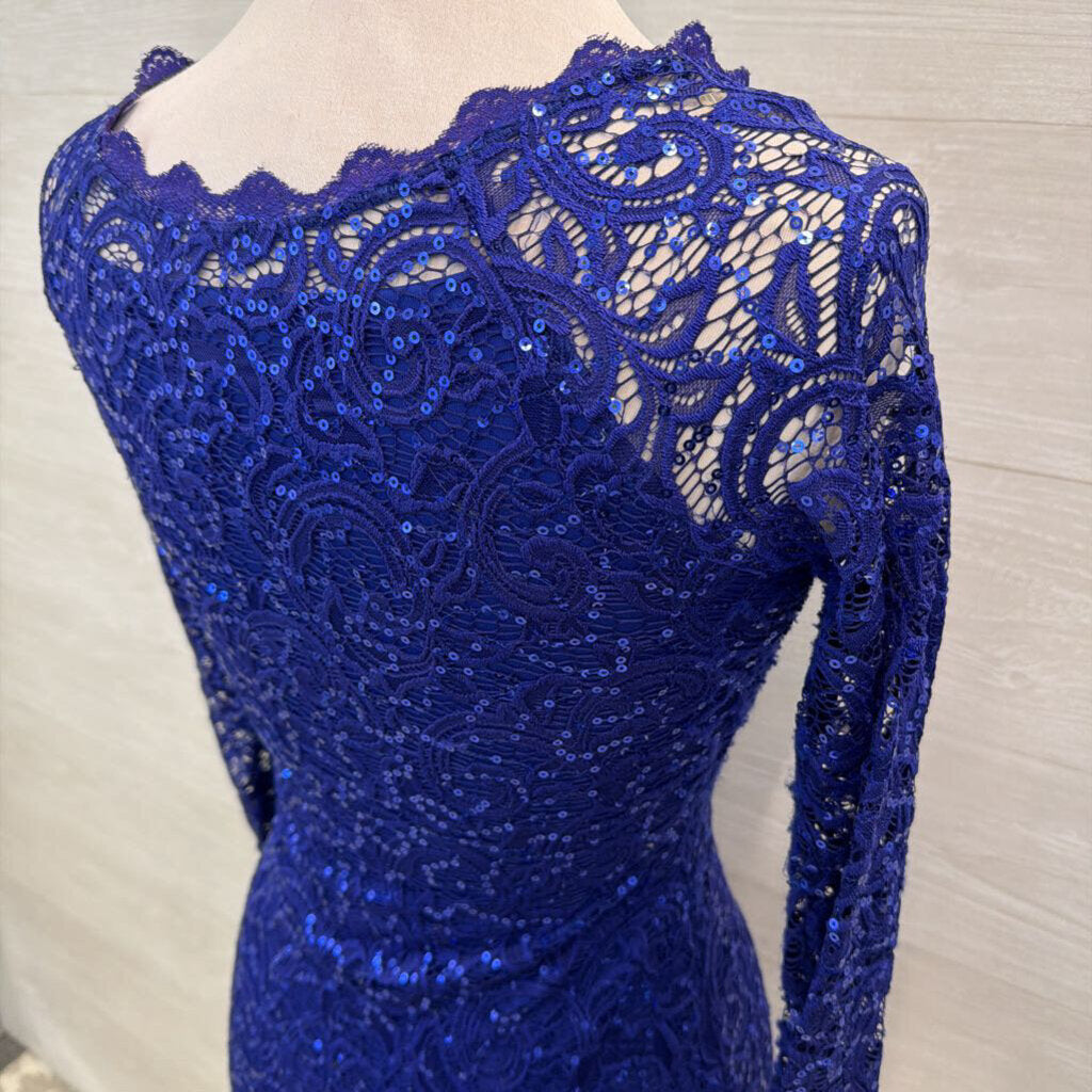 Sequin Hearts Blue Sequin Lace Long Sleeve Short Formal Dress Small