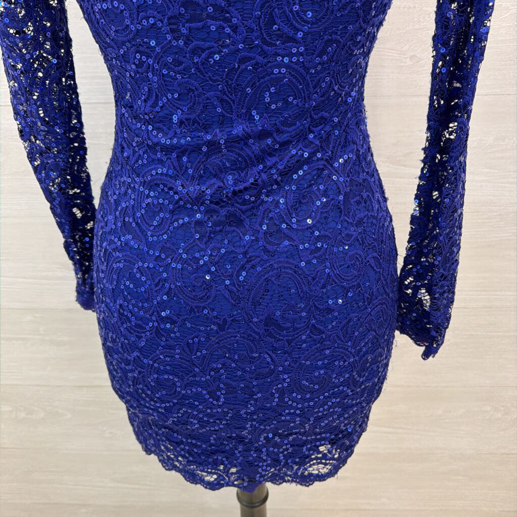 Sequin Hearts Blue Sequin Lace Long Sleeve Short Formal Dress Small