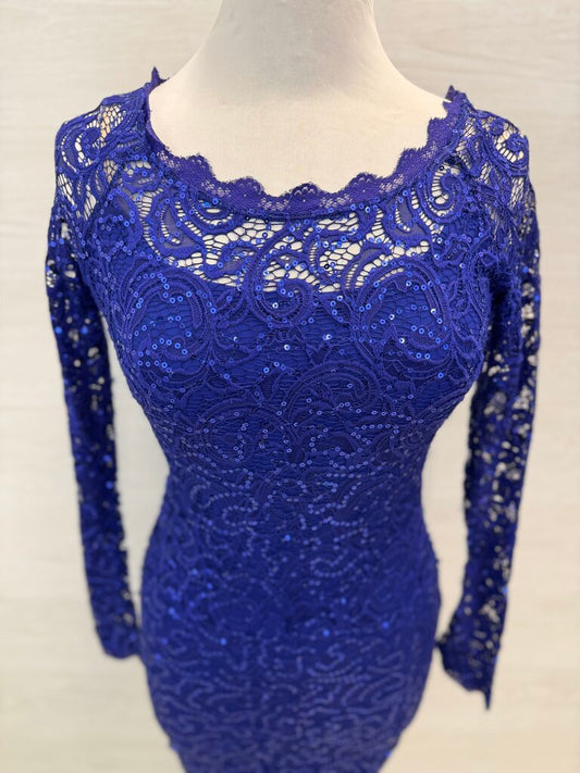 Sequin Hearts Blue Sequin Lace Long Sleeve Short Formal Dress Small