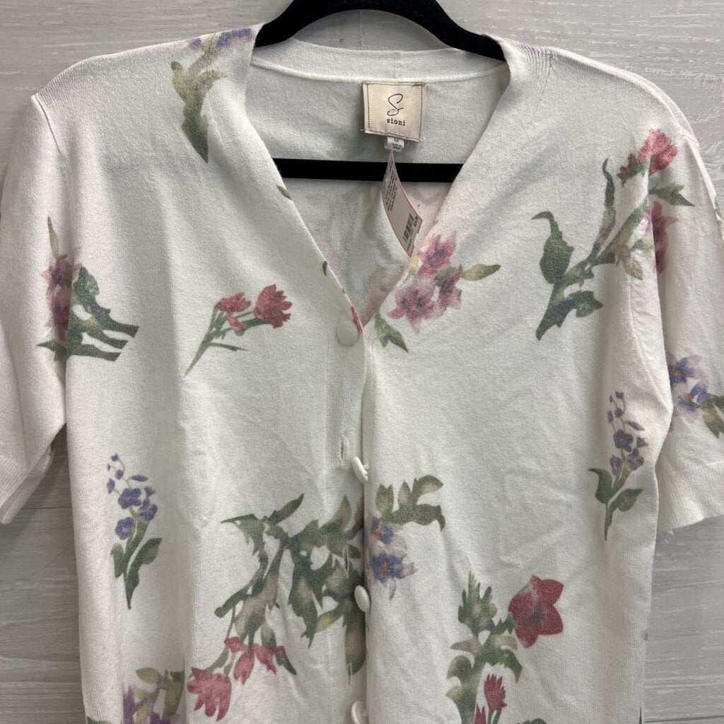 Sioni Floral White Short Sleeve Cardigan M