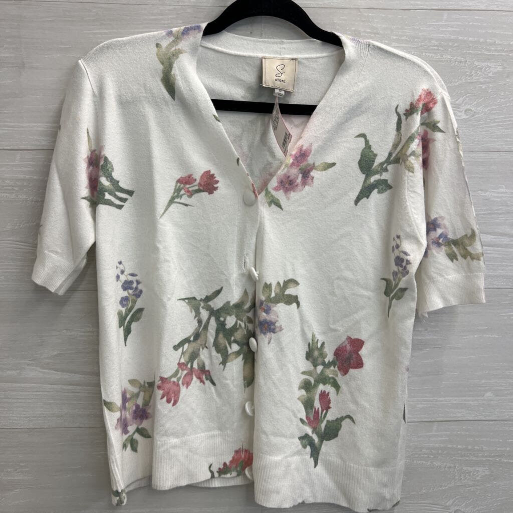 Sioni Floral White Short Sleeve Cardigan M