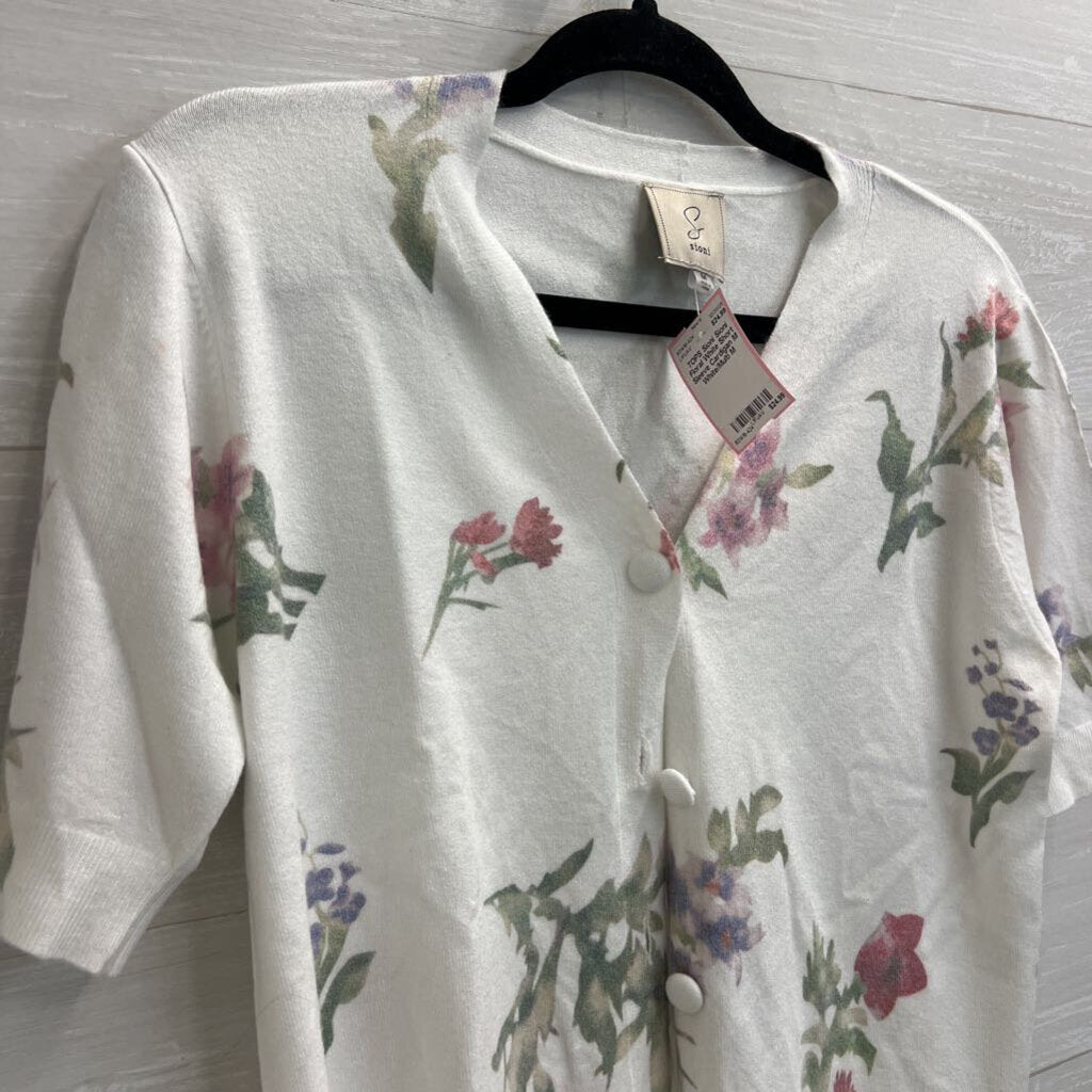 Sioni Floral White Short Sleeve Cardigan M