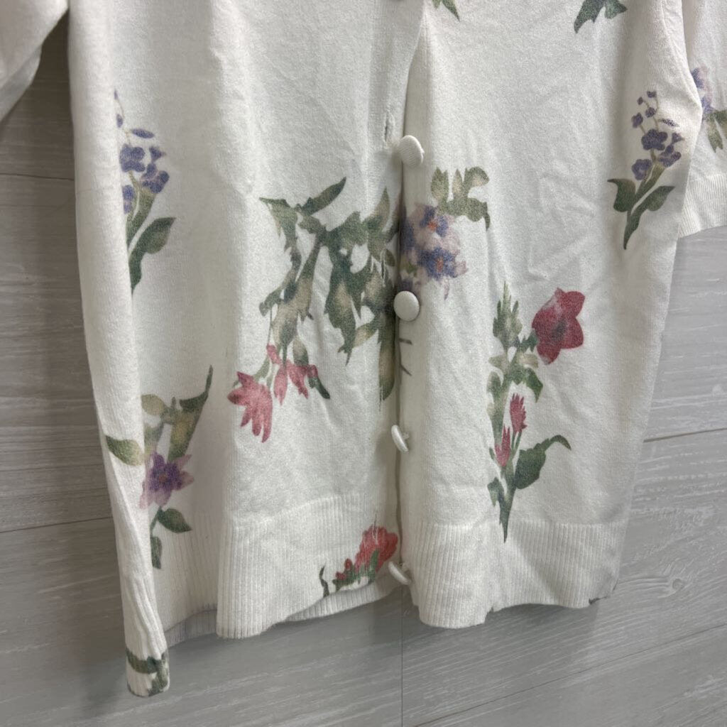 Sioni Floral White Short Sleeve Cardigan M