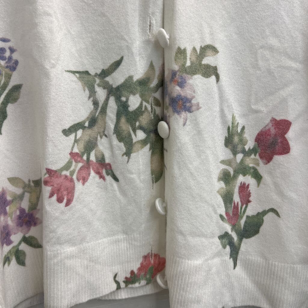 Sioni Floral White Short Sleeve Cardigan M