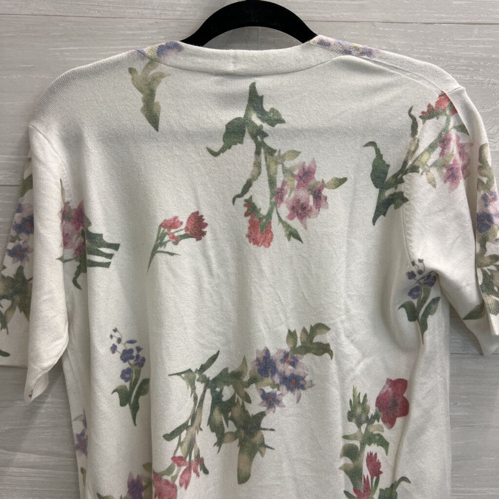 Sioni Floral White Short Sleeve Cardigan M