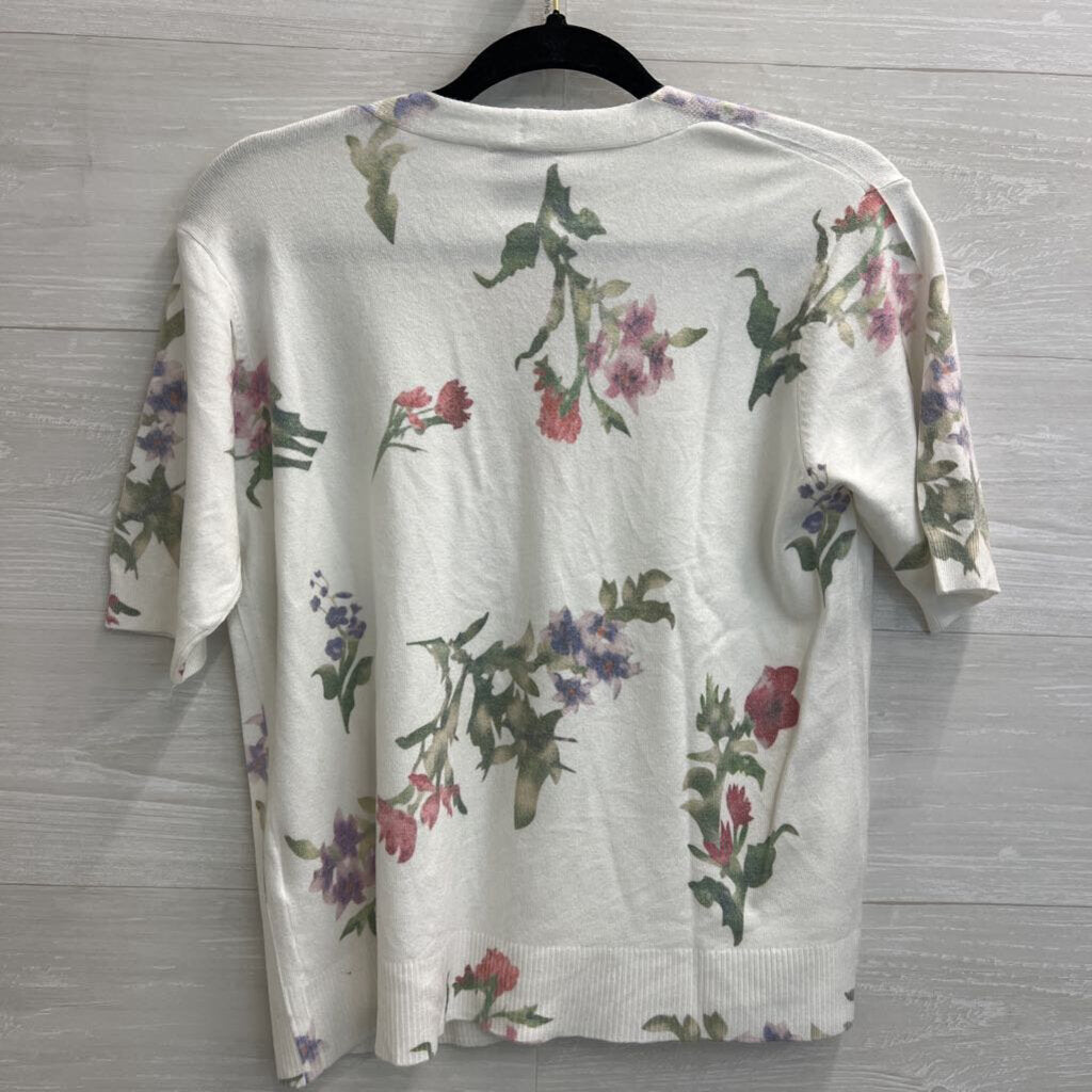 Sioni Floral White Short Sleeve Cardigan M
