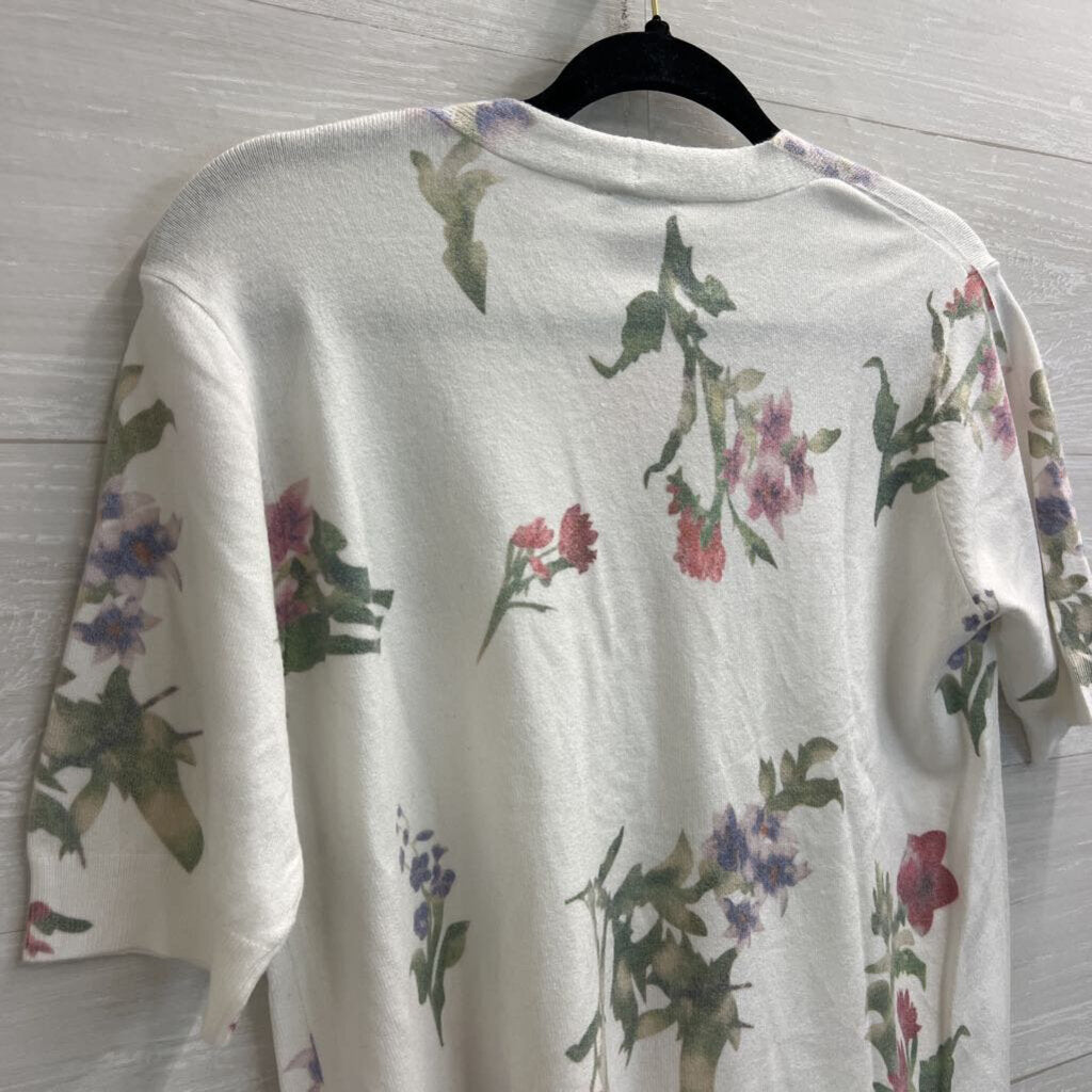 Sioni Floral White Short Sleeve Cardigan M