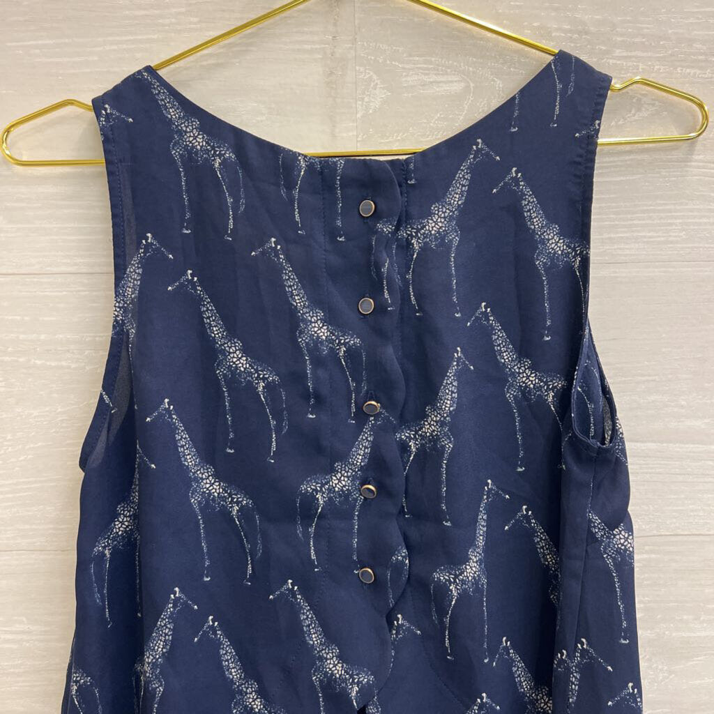 Double Zero Navy Giraffe Button Down Back Tank Small