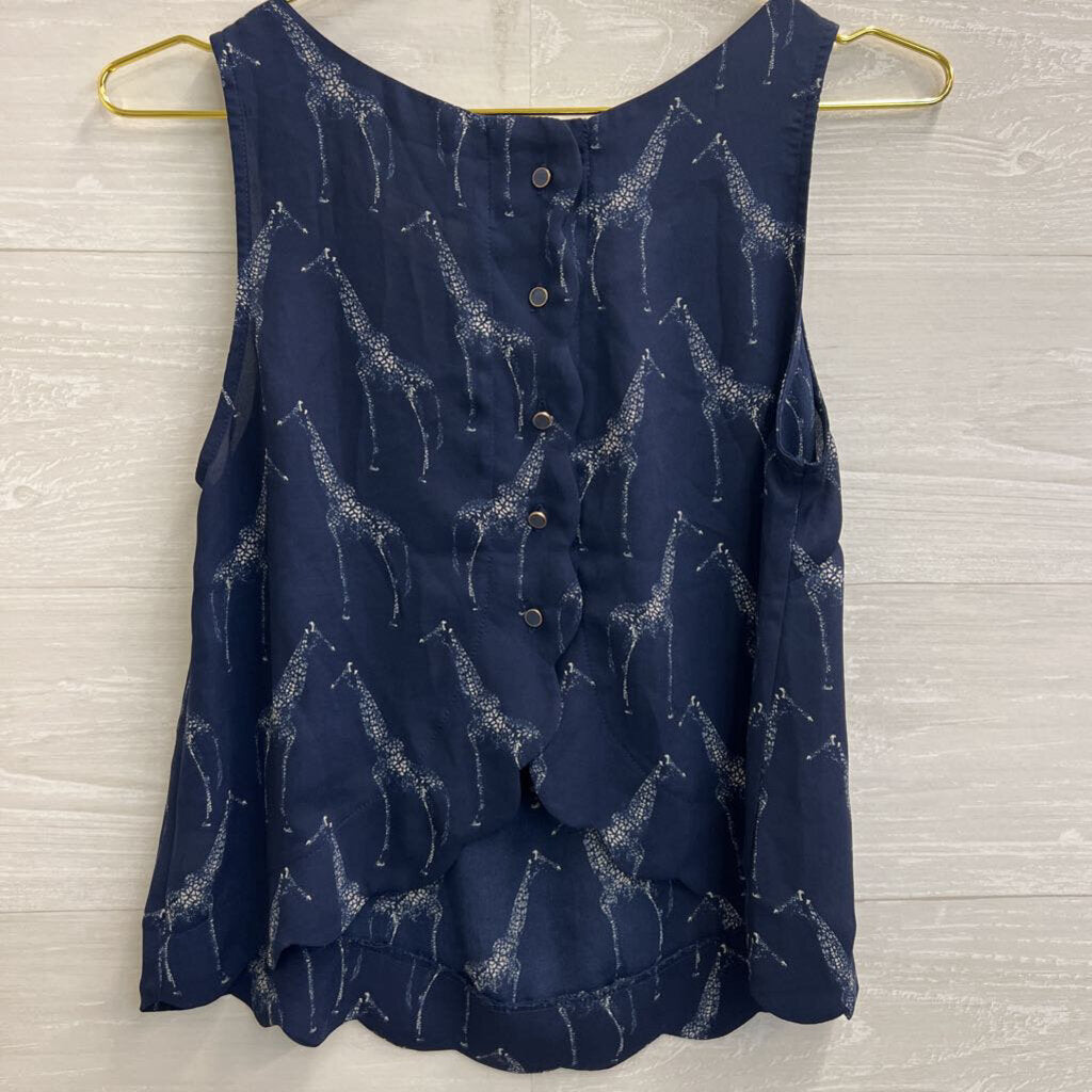 Double Zero Navy Giraffe Button Down Back Tank Small