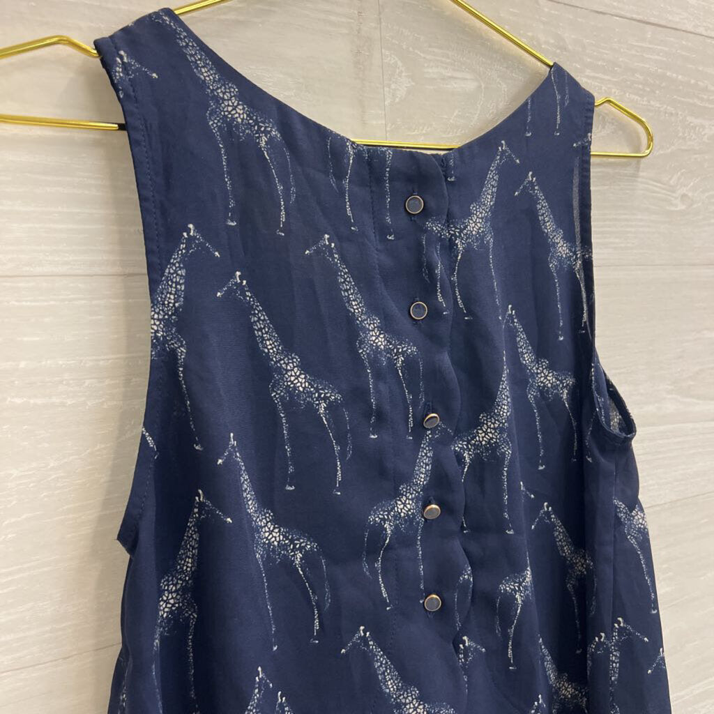 Double Zero Navy Giraffe Button Down Back Tank Small