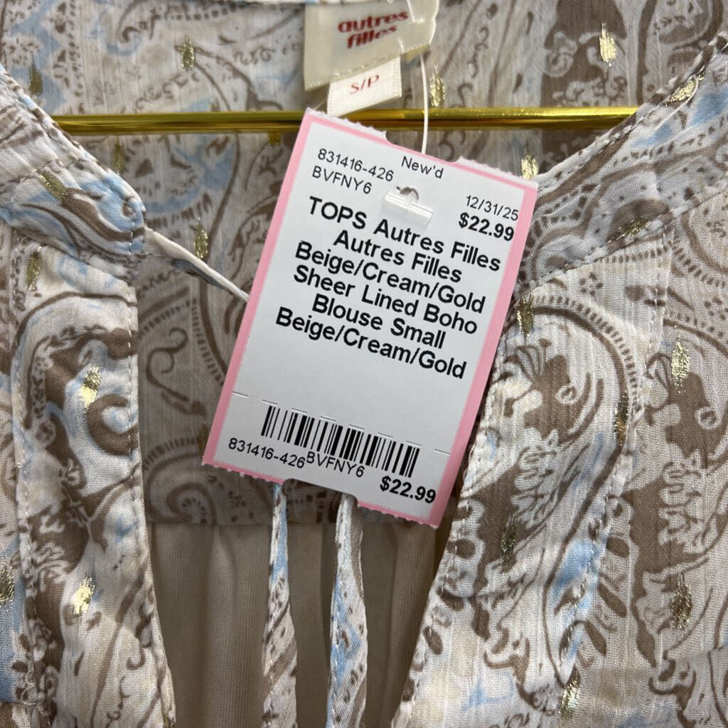 Autres Filles Beige/Cream/Gold Sheer Lined Boho Blouse Small