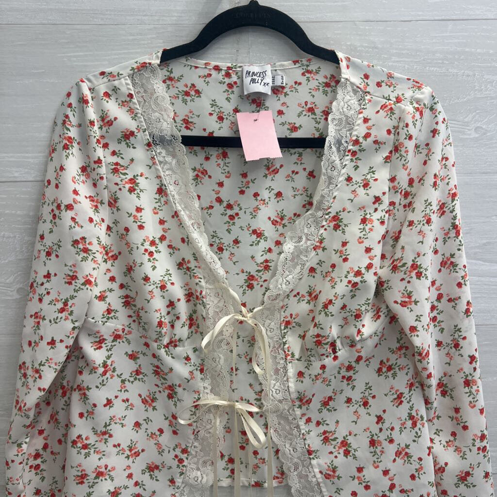 Princess Polly Cream/Red Floral Lace Trimmed Top 6