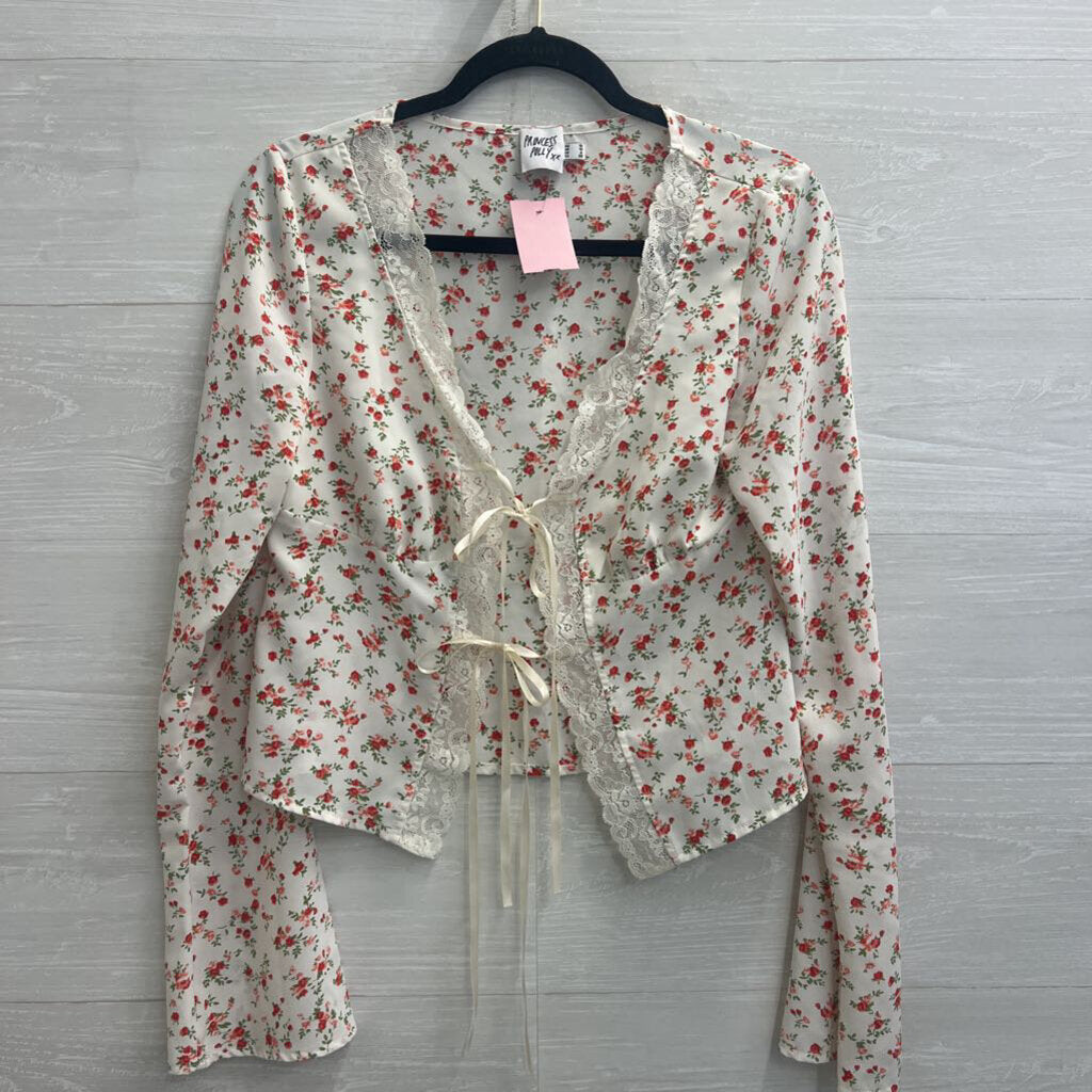 Princess Polly Cream/Red Floral Lace Trimmed Top 6