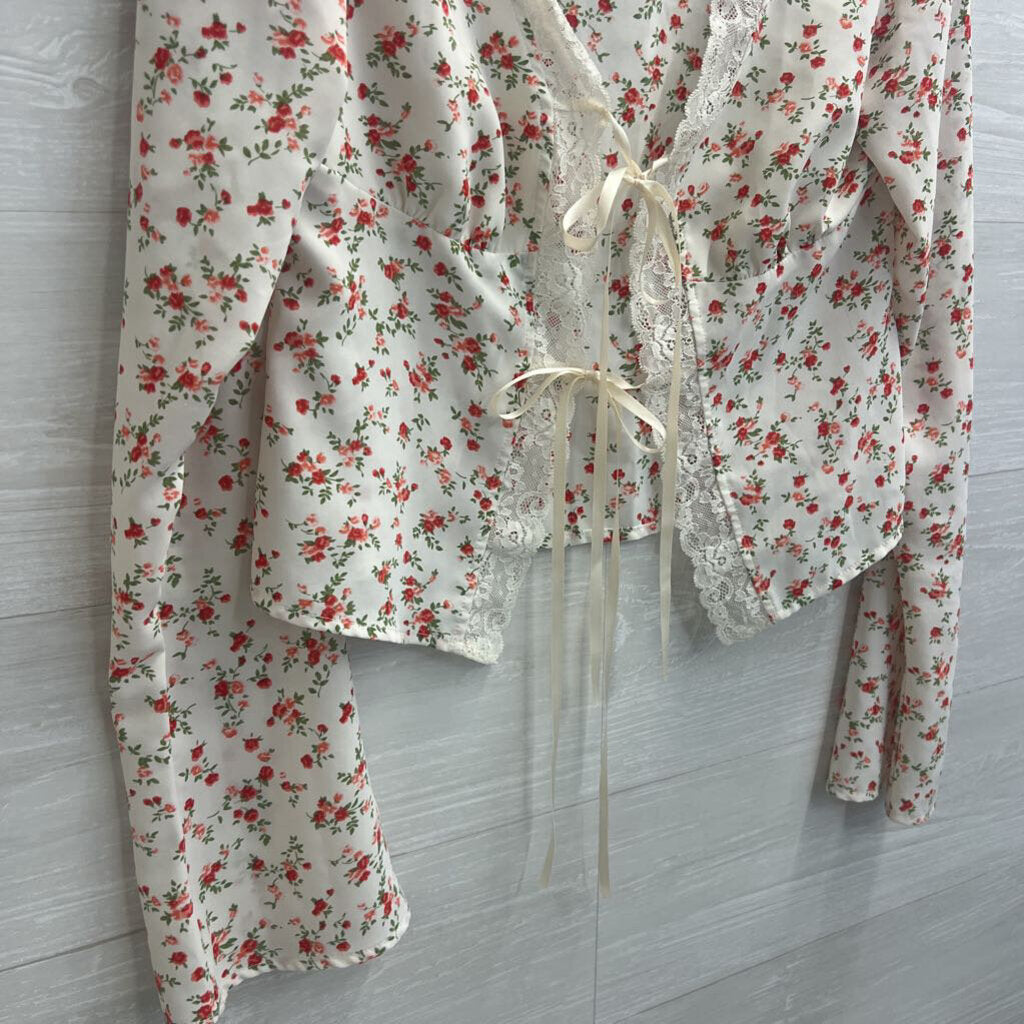 Princess Polly Cream/Red Floral Lace Trimmed Top 6