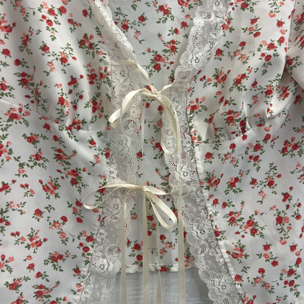 Princess Polly Cream/Red Floral Lace Trimmed Top 6