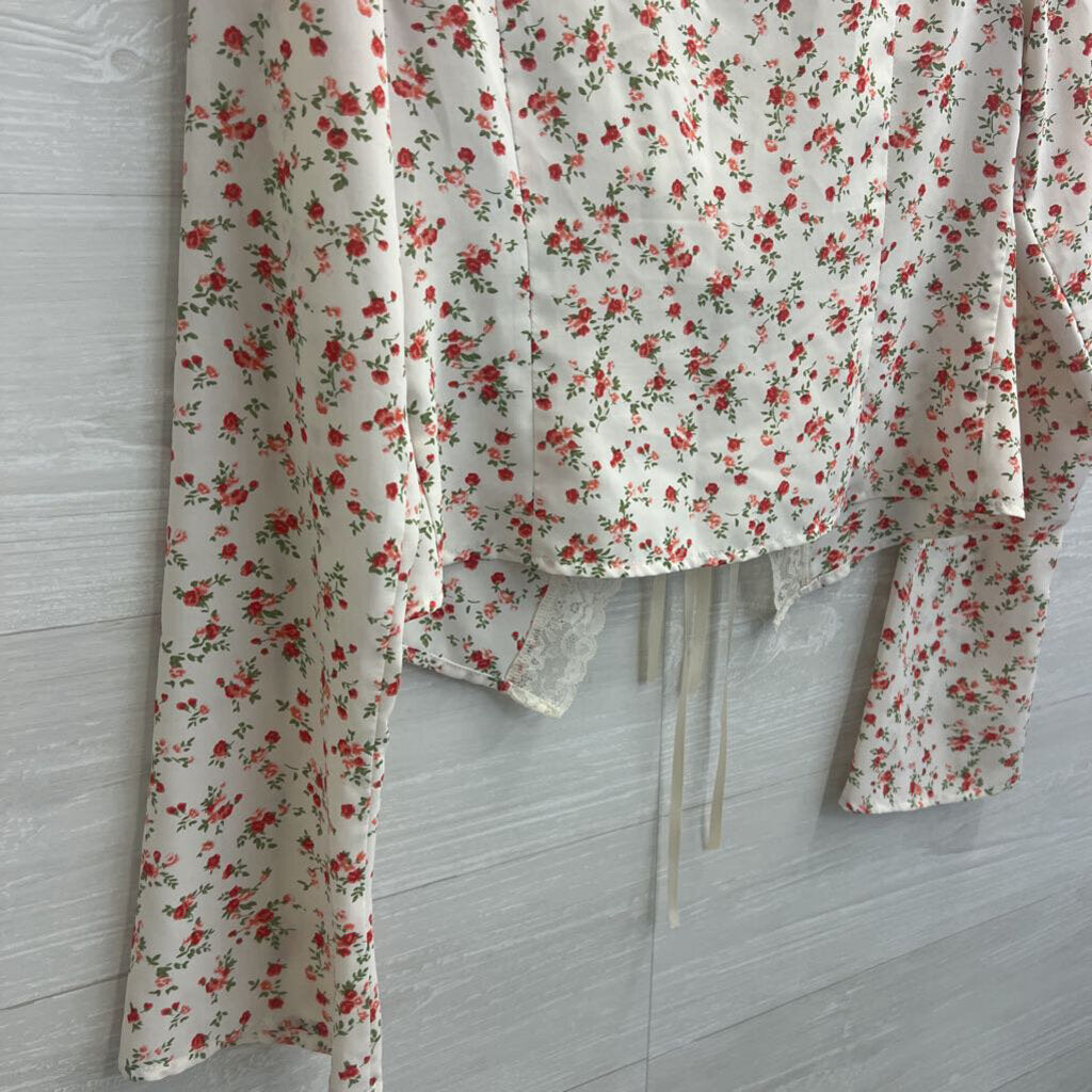 Princess Polly Cream/Red Floral Lace Trimmed Top 6