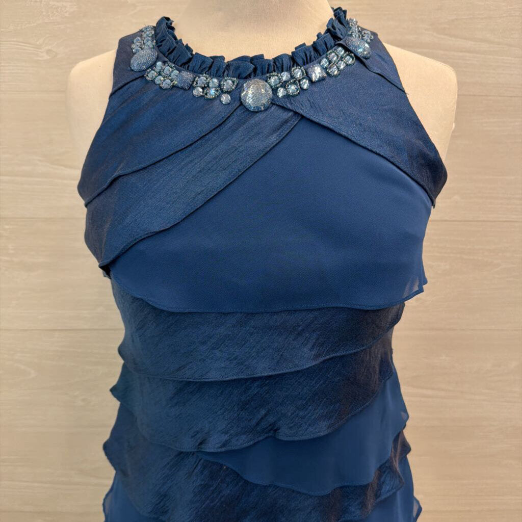 SL Fashions Blue Tiered Beaded Neckline Short Formal Dress 4 Petite