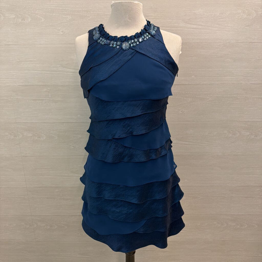 SL Fashions Blue Tiered Beaded Neckline Short Formal Dress 4 Petite