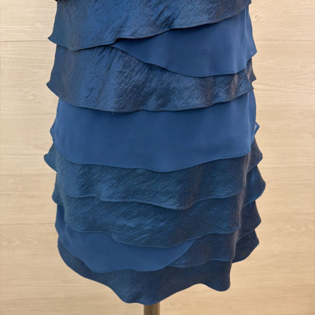 SL Fashions Blue Tiered Beaded Neckline Short Formal Dress 4 Petite