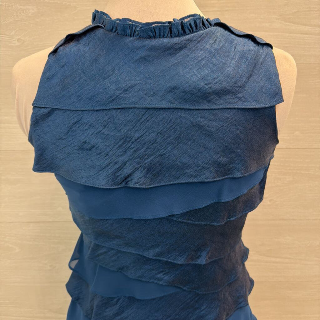 SL Fashions Blue Tiered Beaded Neckline Short Formal Dress 4 Petite