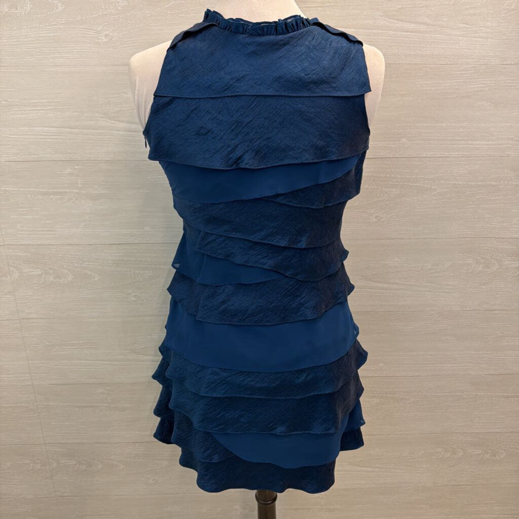 SL Fashions Blue Tiered Beaded Neckline Short Formal Dress 4 Petite