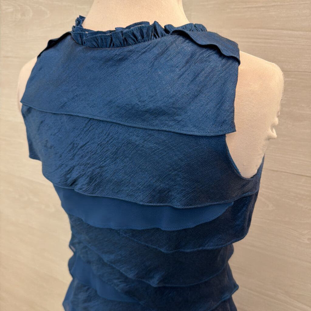 SL Fashions Blue Tiered Beaded Neckline Short Formal Dress 4 Petite