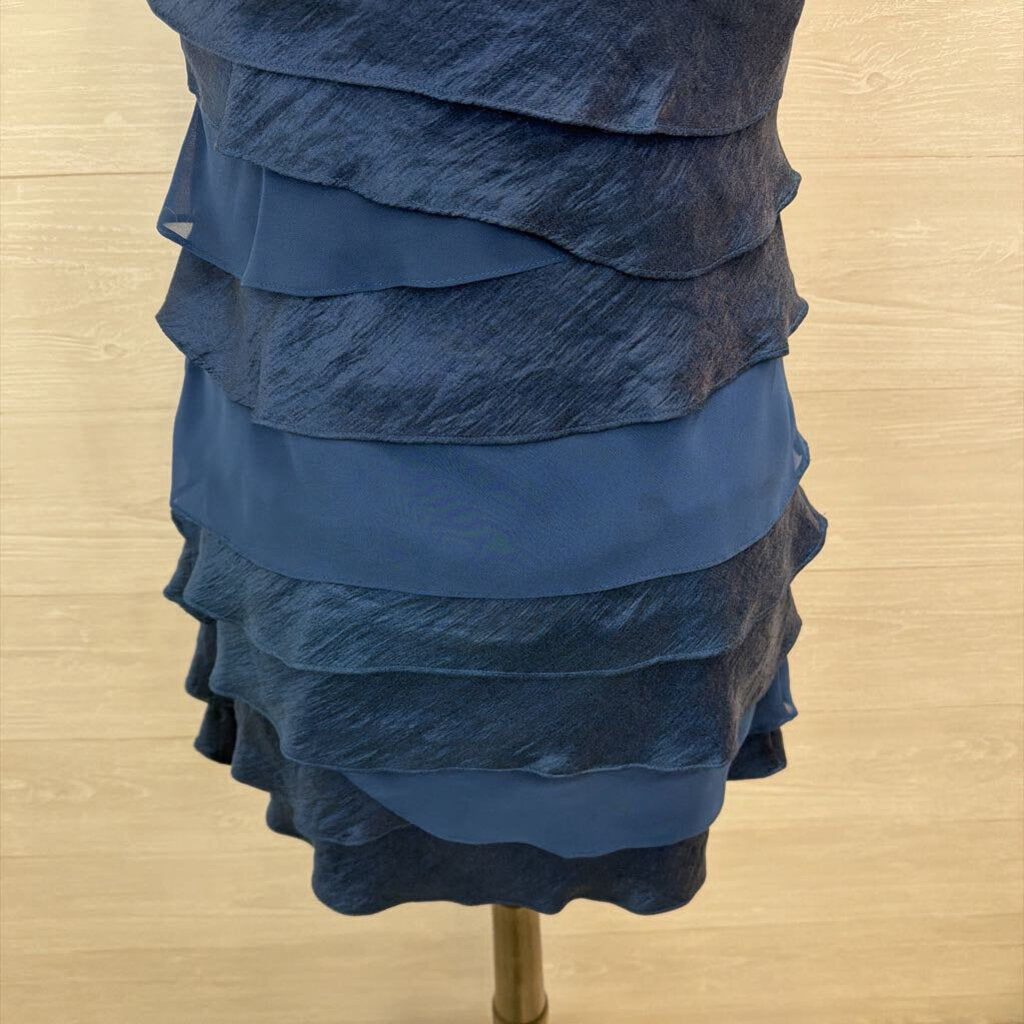 SL Fashions Blue Tiered Beaded Neckline Short Formal Dress 4 Petite