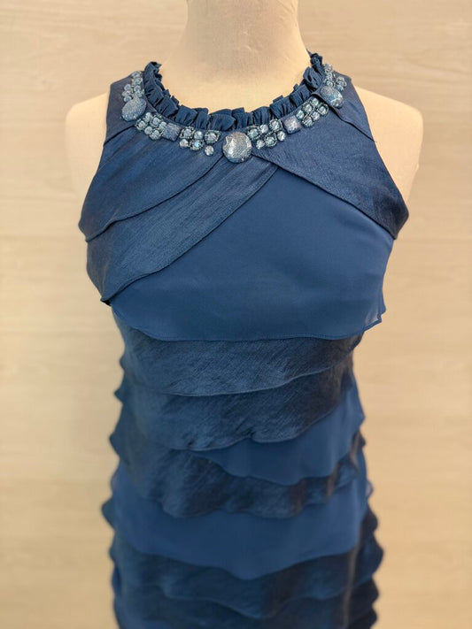 SL Fashions Blue Tiered Beaded Neckline Short Formal Dress 4 Petite