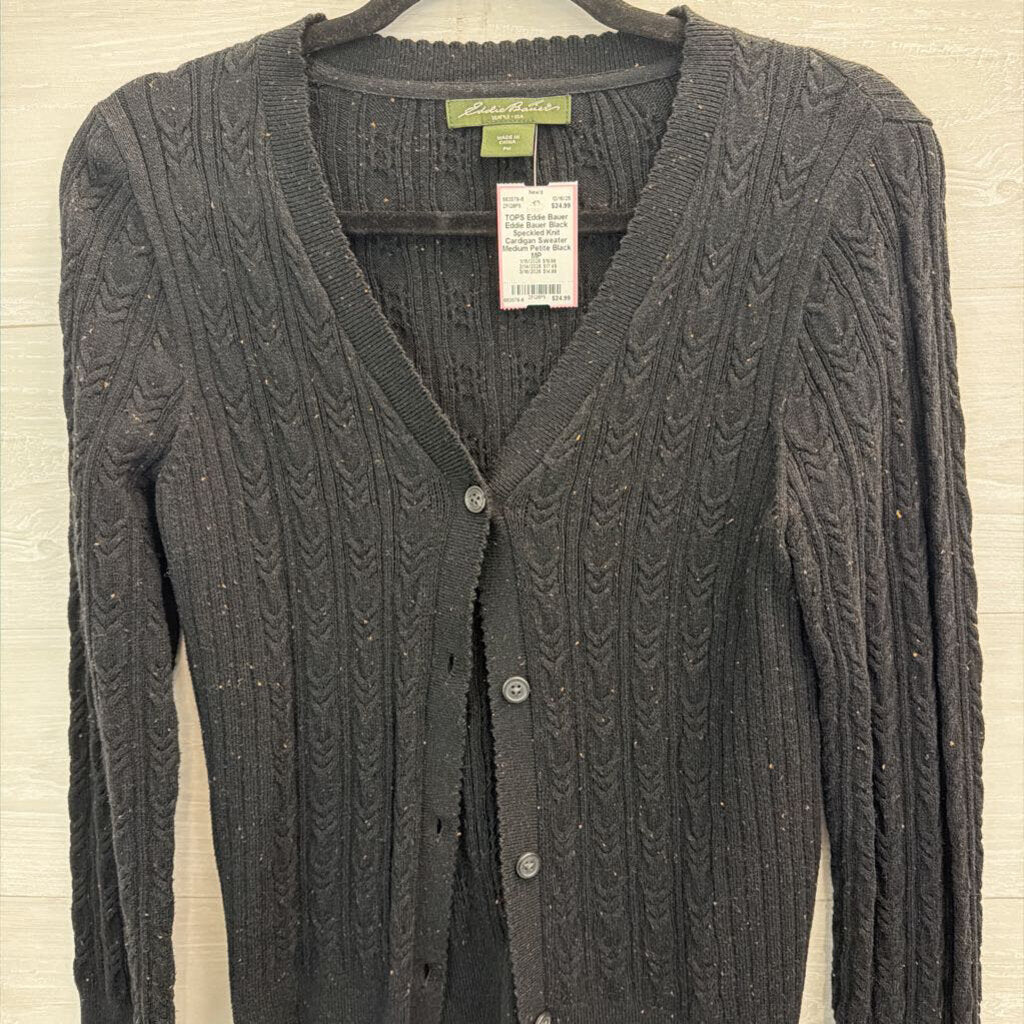 Eddie Bauer Black Speckled Knit Cardigan Sweater Medium Petite