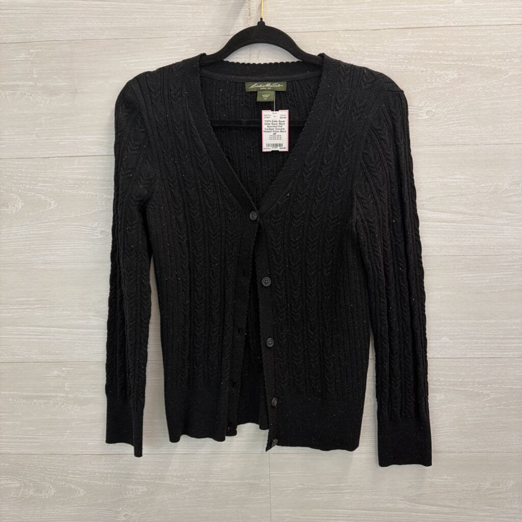 Eddie Bauer Black Speckled Knit Cardigan Sweater Medium Petite