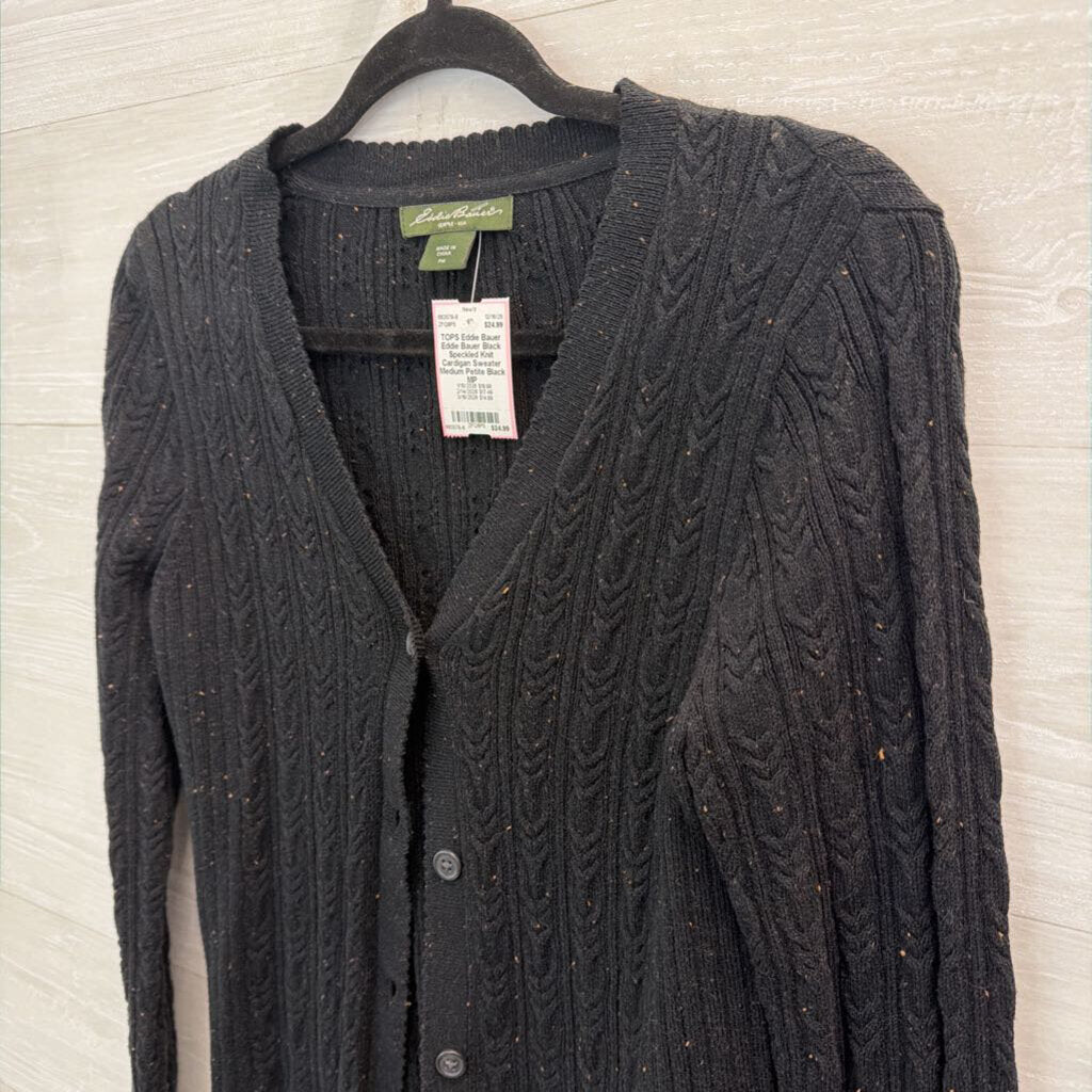Eddie Bauer Black Speckled Knit Cardigan Sweater Medium Petite