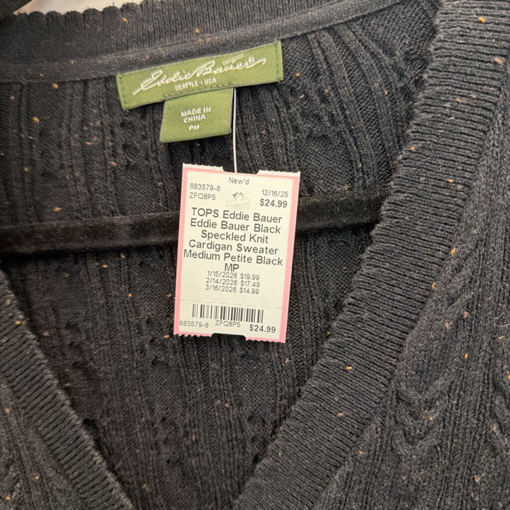 Eddie Bauer Black Speckled Knit Cardigan Sweater Medium Petite