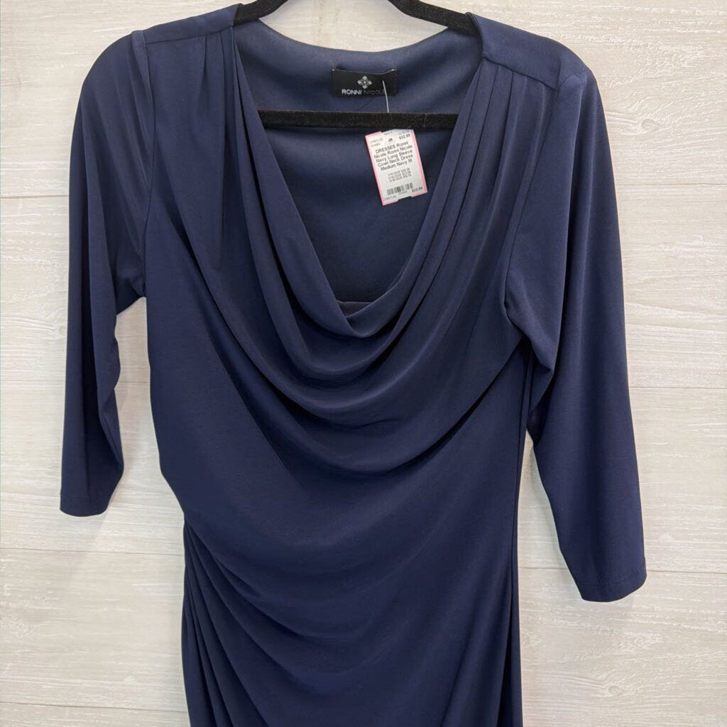 Ronni Nicole Navy Long Sleeve Cowl Neck Dress Medium
