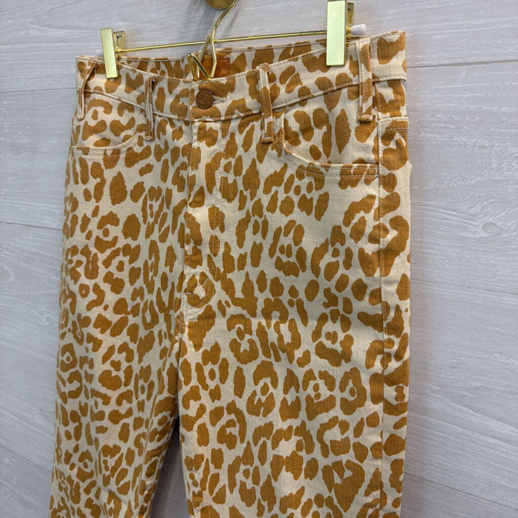 Mother White/ Brown Leopard Print The Hustler Ankle Frey Jeans 30
