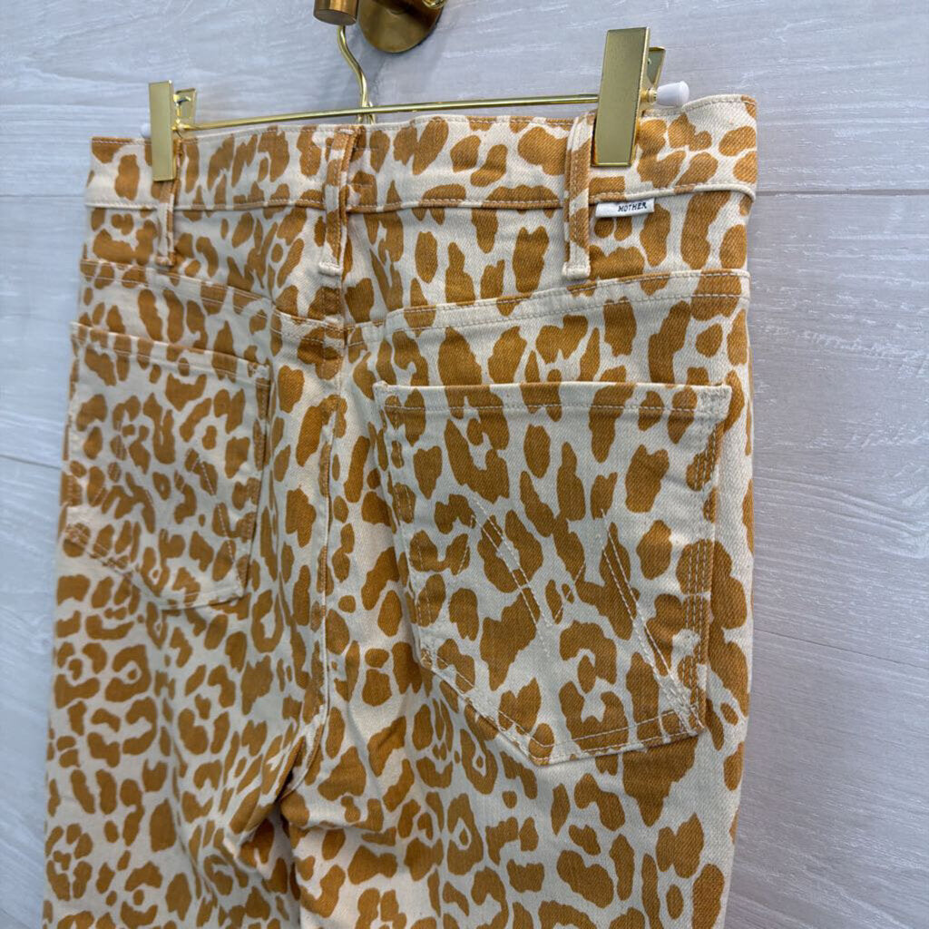 Mother White/ Brown Leopard Print The Hustler Ankle Frey Jeans 30