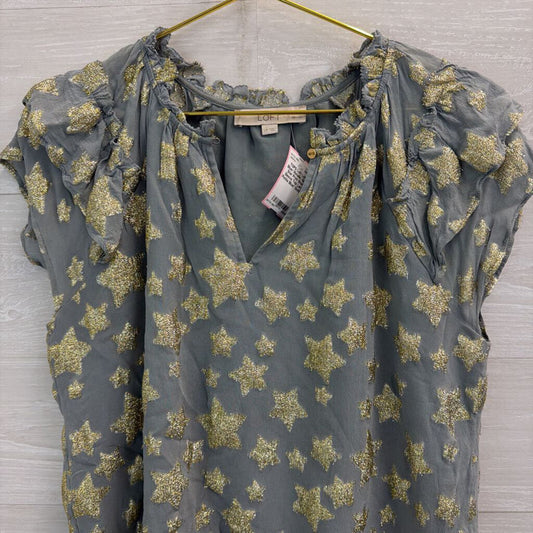 Loft Blue/ Metallic Gold Star Print Short Sleeve Top Large Petite