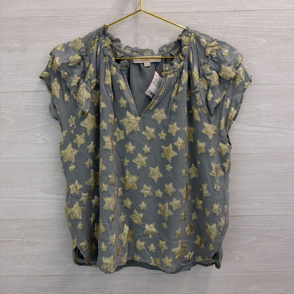 Loft Blue/ Metallic Gold Star Print Short Sleeve Top Large Petite