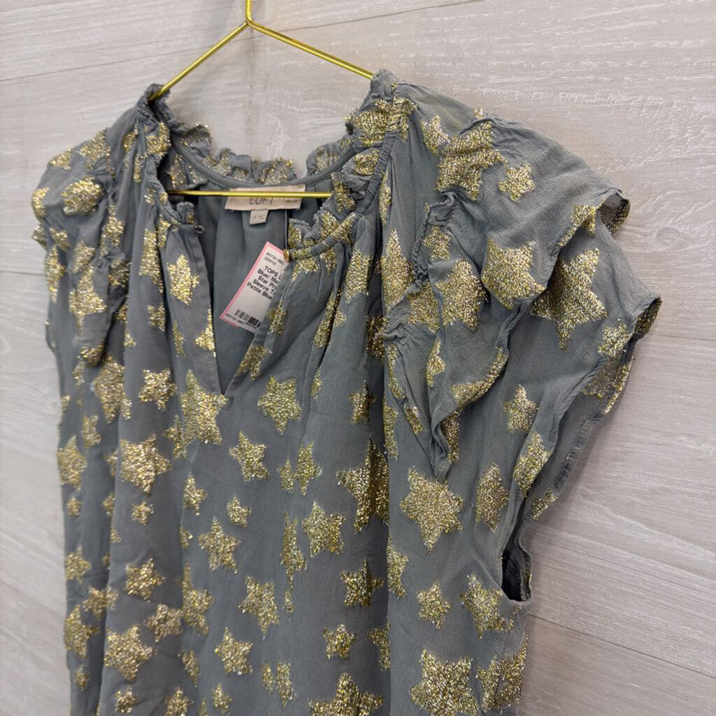 Loft Blue/ Metallic Gold Star Print Short Sleeve Top Large Petite
