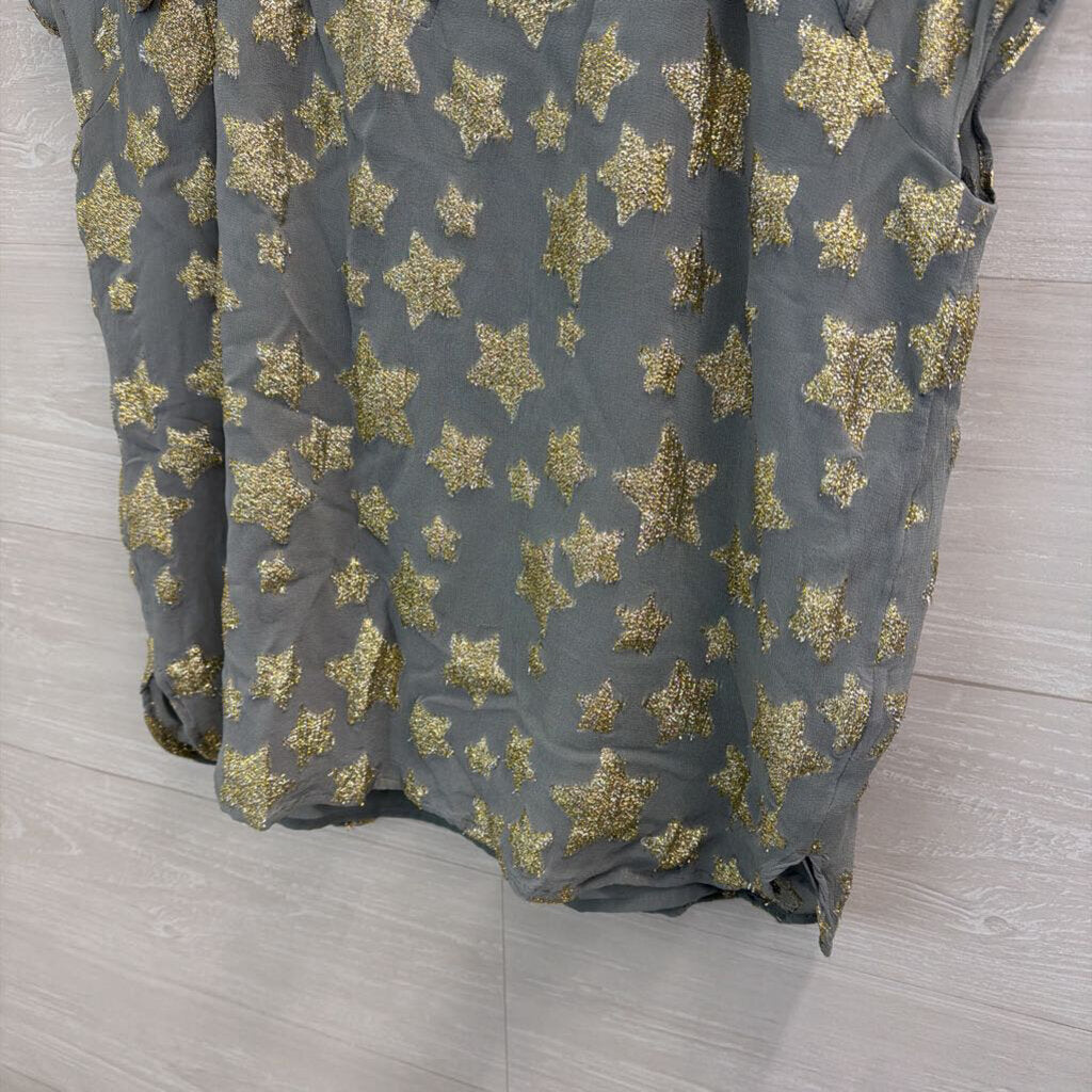 Loft Blue/ Metallic Gold Star Print Short Sleeve Top Large Petite