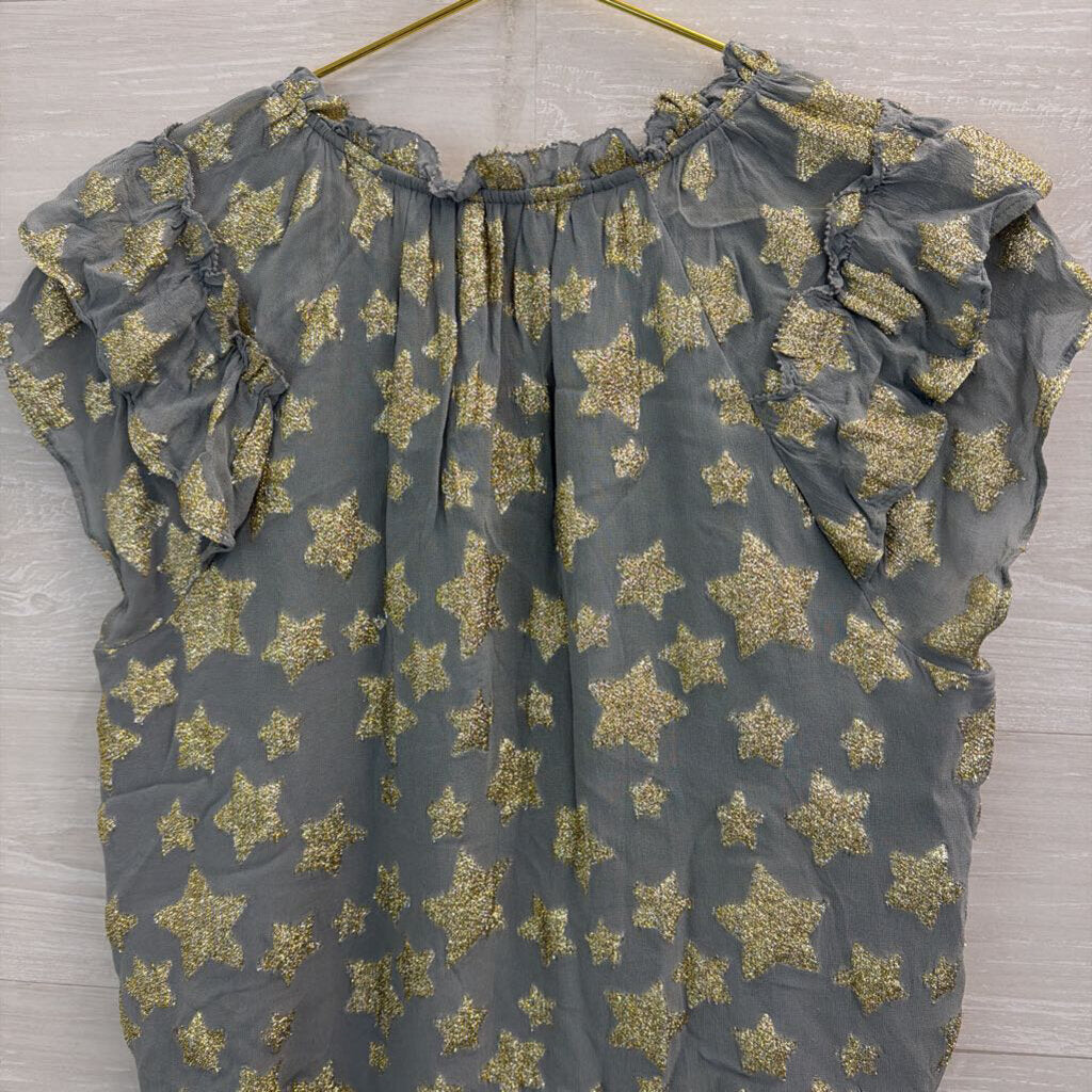Loft Blue/ Metallic Gold Star Print Short Sleeve Top Large Petite