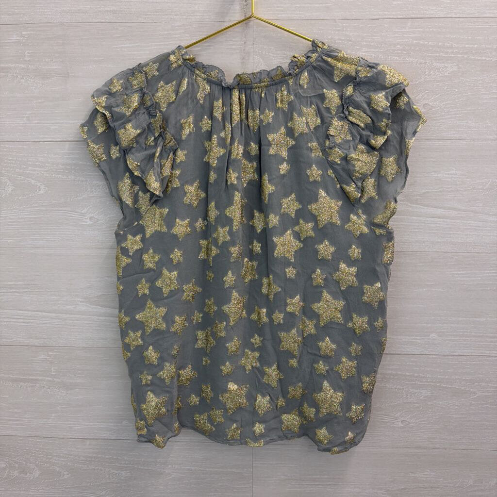 Loft Blue/ Metallic Gold Star Print Short Sleeve Top Large Petite